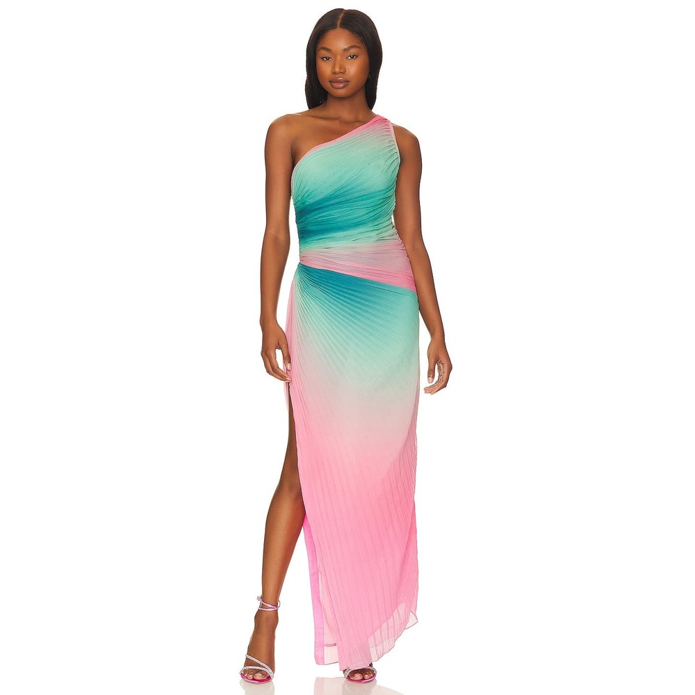 ROCOCO SAND Maxi Dress One Shoulder Pleated Chiffon Side Slit Ombre Size Small